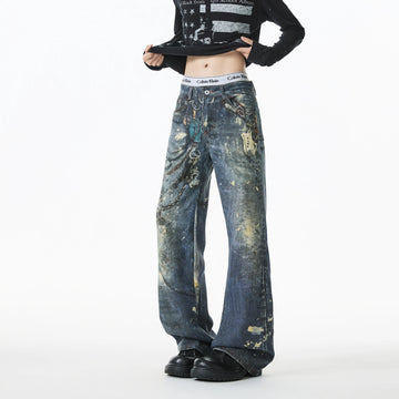 Jean Men Unique Design Graffiti Street Style Drag Jeans Urban Trendy Fashion Distressed Long Fit Casual Denim Pants Edgy Hip Hop